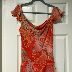 BANDOLINO Vintage Coral Paisley Dress Size 12 Flutter Sleeves Cowl Neck Boho Y2K